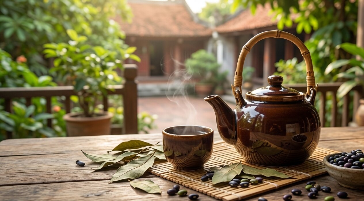 Nước lá vối kết hợp đậu đen xanh lòng
