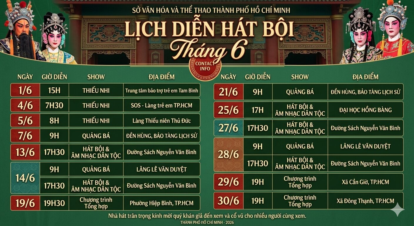 Lịch Diễn Hát Bội Tháng 6 Năm 2026