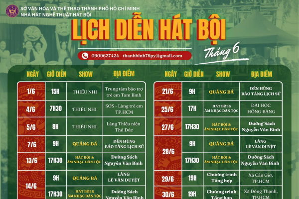 LỊCH DIỄN HÁT BỘI THÁNG 6 NĂM 2026